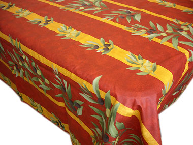 French coated tablecloth, linear (olives. red)